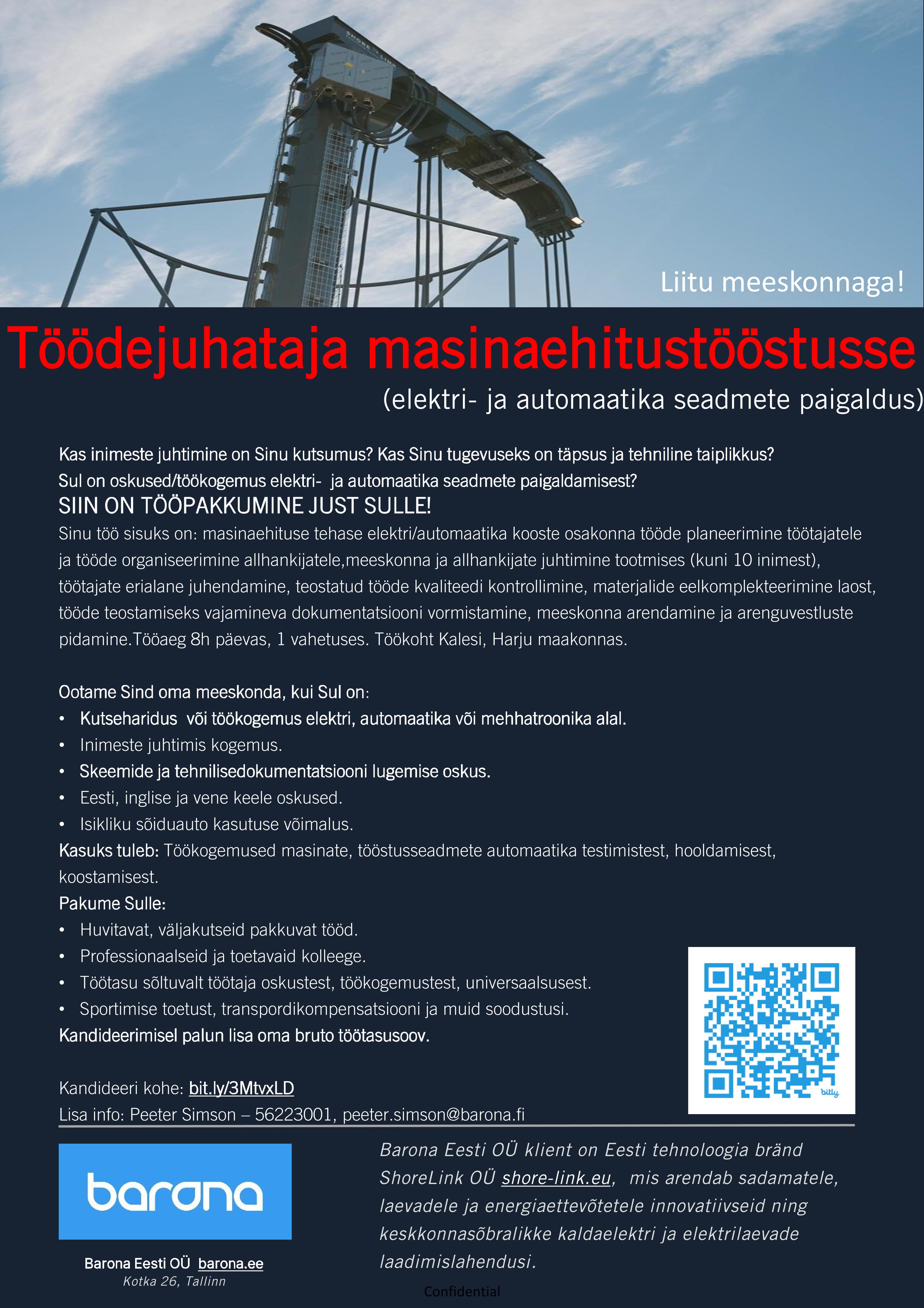 Töödejuhataja masinaehitustööstusse (elektri- ja automaatika seadmete paigaldus)